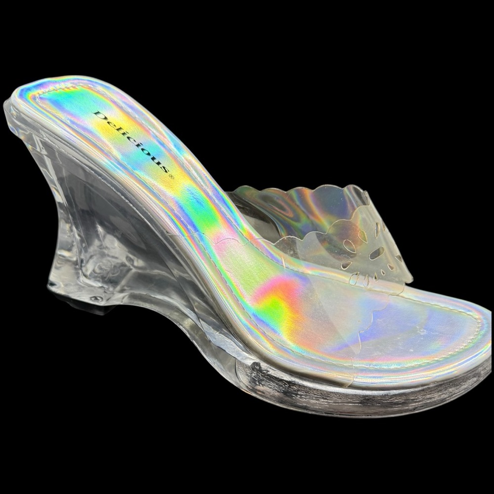 Sz 8.5 90s/Y2K Clear Chunky Acrylic 4” Block Heels Holographic Open Toe Vintage - Picture 9 of 13